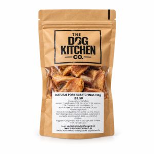 Natural Pork Scratchings 150g dog treats in The Dog Kitchen Co. packet