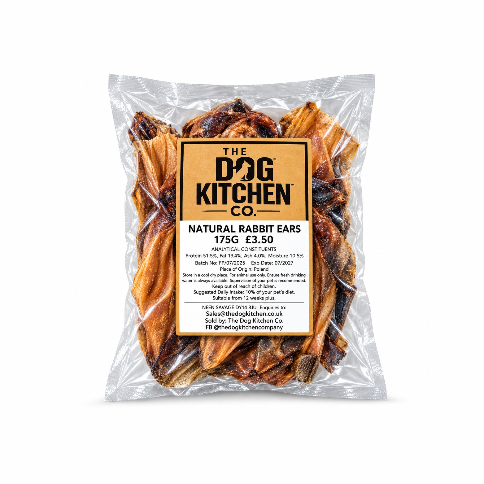 Natural Rabbit Ears 175g dog treats in The Dog Kitchen Co. packet